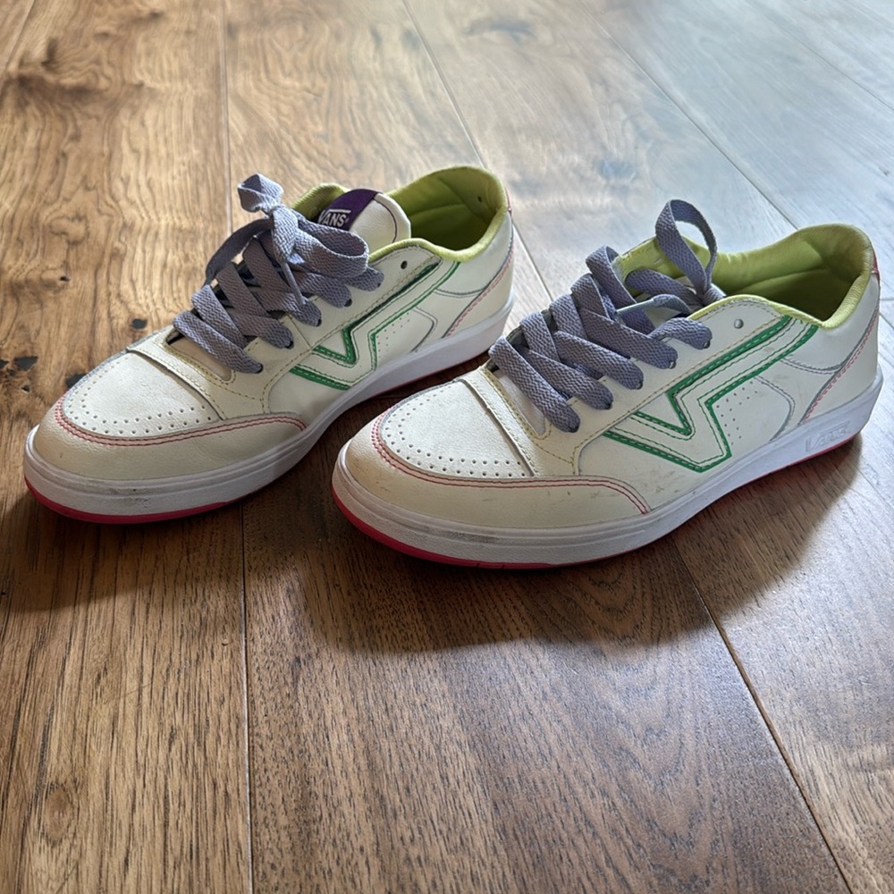 Vans White Sneakers with Green and Pink Accents